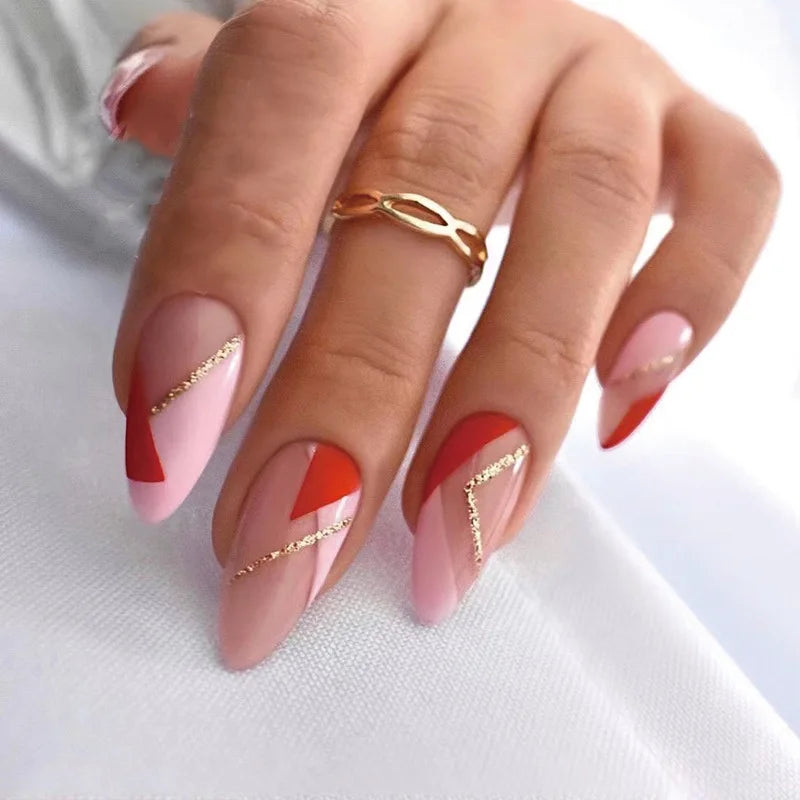 24p Pink Gold Line Almond Fake Nails Geometric Design False Nail Art Full Coverage Waterproof Removable Artificial Press on Nail