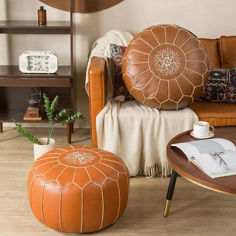 Moroccan PU Leather Pouf Embroider Craft Hassock Ottoman Footstool Cover Round Artificial Leather Pouffe Cushion Unstuffed