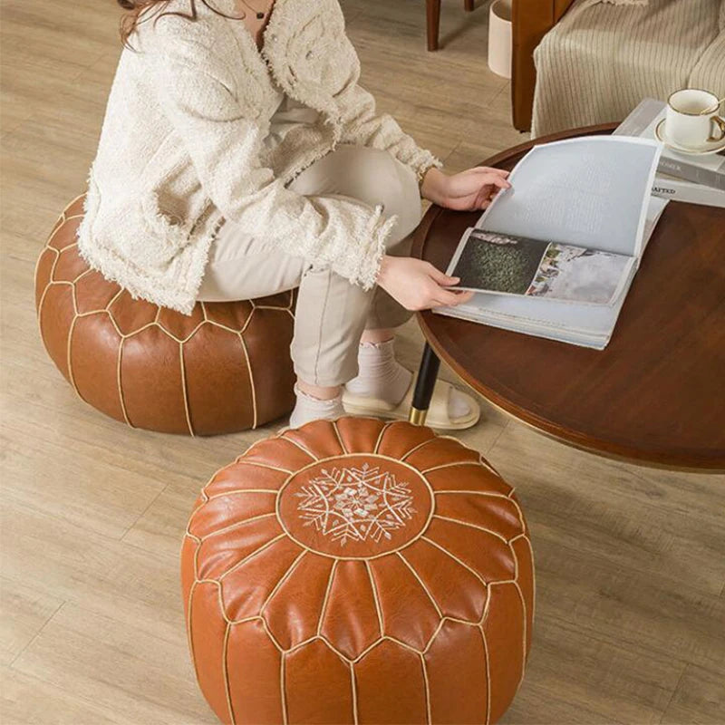 Moroccan PU Leather Pouf Embroider Craft Hassock Ottoman Footstool Cover Round Artificial Leather Pouffe Cushion Unstuffed